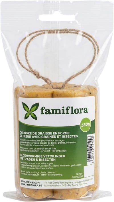 Famiflora Bloemvormige Vetcilinder - Zaden & Insecten - Houten kern - 100% Natuurproduct - Decoratieve bloemvorm - Bevat gedroogde insecten - Composteerbare houten stok