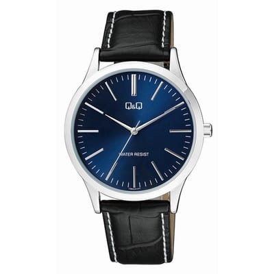 Q&Q C08A-011PY - Horloge - Heren - Mannen - Leren band - Rond - Staal - Streepjes - Zwart - Zilverkleurig - Blauw