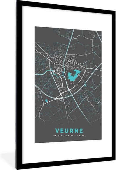 Fotolijst incl. Poster - België – Veurne – Stadskaart – Kaart – Blauw – Plattegrond - 60x90 cm - Posterlijst