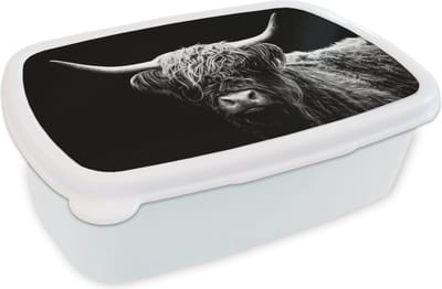 Broodtrommel Wit - Lunchbox - Brooddoos - Schotse Hooglander - Koe - Zwart - Wit - Dieren - 18x12x6 cm - Volwassenen