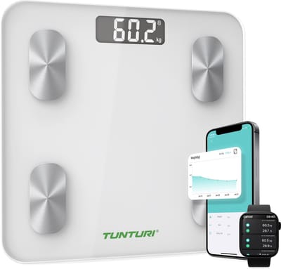 Tunturi Weegschaal - Personenweegschaal - Bluetooth - 180kg Gebruikersgewicht - Slimme weegschaal met app - Kleur: wit - incl. lichaamsanalyse