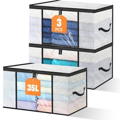 Transparante Opbergdozen Set van 3 - 35 Liter - Opvouwbare Verhuisdozen met Deksel - Versterkte Handgreepen voor Kleding en Beddengoed