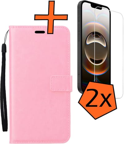 Hoes - Met 2x Screenprotector - Geschikt voor Apple iPhone 16e - Luxe Pasjeshouder - Bookcase Portemonee - Flip Case - Kunstleer Book Case - Flipcase Hoes - Book Cover - Walletcase - PortemonneeHoes - Lichtroze