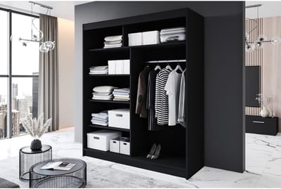 Kledingkast met schuifdeuren en spiegel 180x58x215 cm met 5 legplanken en kledingstang, ruime garderobekast moderne slaapkamerkast Zwart – Vermissen