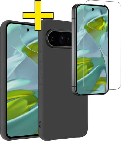 Hoesje - Met Screenprotector - Geschikt voor Google Pixel 9 Pro - Sterk & Shockproof - Back Cover - Siliconen Case - Telefoon Hoes - Telefoonhoesjes - Zwart