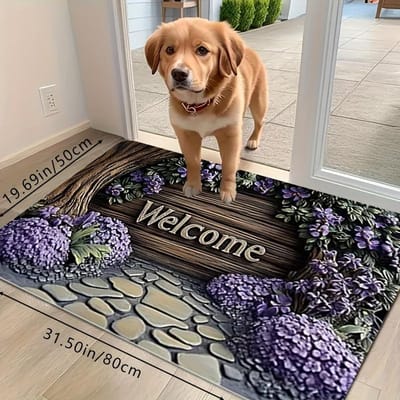 Tapis de bienvenue Tapis d'entrée Jardin Fleuri Violet avec Tapis d'extérieur Bienvenue Porte d'entrée Salle de bain Cuisine Buanderie Décoration de la maison 40X60CM