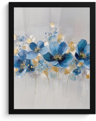 Poster in lijst - Fotolijst 30x40 cm - Posters - Bloemen - Blauw - Abstract - Posterlijst zwart - Decoratie - Wanddecoratie woonkamer - Muurdecoratie slaapkamer