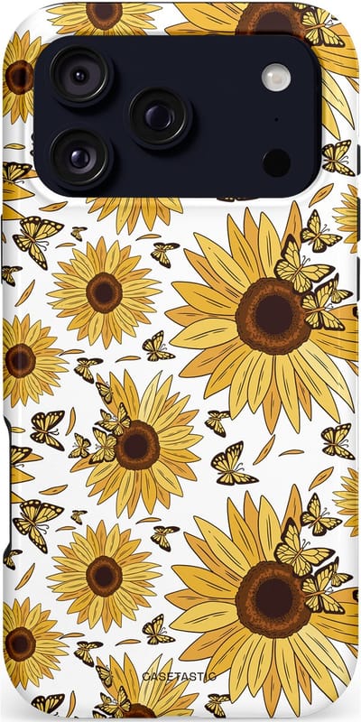 Casetastic hoesje geschikt voor Apple iPhone 17 Pro Max - MagSafe - Dubbellaagse bescherming - Zonnebloem Zomer met vlinders - Fashion Case - Goud Beige Wit