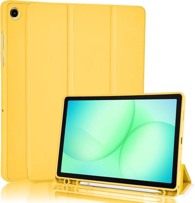 Casemania Hoes Geschikt voor Samsung Galaxy Tab A9 Plus (11 inch) - Geel - Tri Fold Tablet Case - Smart Cover