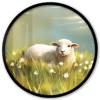 Poster in lijst Rond - Fotolijst 40x40 cm - Posters - Schaap - Weide - Groen - Ronde posterlijst zwart - Decoratie - Wanddecoratie woonkamer - Muurdecoratie slaapkamer