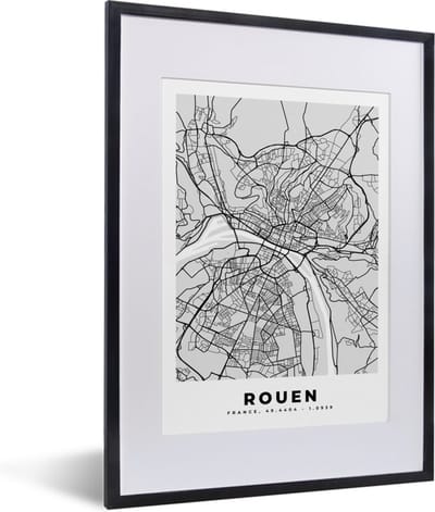 Fotolijst incl. Poster - Kaart - Stadskaart - Frankrijk - Rouen - Plattegrond - 30x40 cm - Posterlijst