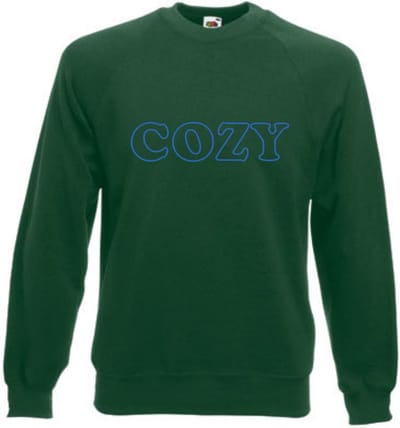 Huissweater - Huistrui - Sweater - Groen - NEON BLAUW tekst COZY - ruimzittend - LARGE Design by Eizook