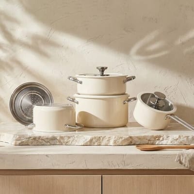 PURE COOK PURECOOK Gekleurde Keramische Coating 304 RVS 4-Delig Kookgerei Set Serie 16cm Melkkoker, 18cm Soepketel met Stoommandje, 22cm Hot Pot, 24cm