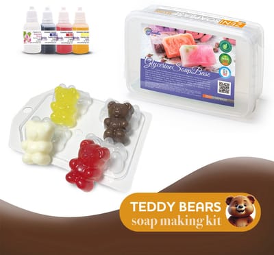 Zelf Zeep Maken Pakket Beertjes – DIY Starterset met 1KG Gietzeep, Kleurstoffen, Geurolie, Mal en Stickers – Cadeau voor Kinderen – ArinKaSoap