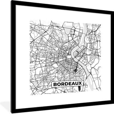 Fotolijst incl. Poster Zwart Wit- Kaart - Plattegrond - Bordeaux - Frankrijk - Stadskaart - Zwart wit - 40x40 cm - Posterlijst