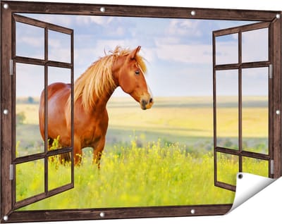 Gards Tuinposter Doorkijk Bruin Paard in de Wei - 120x80 cm - Tuindoek - Tuindecoratie - Wanddecoratie buiten - Tuinschilderij