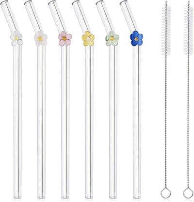Herbruikbare Glazen Rietjes, Schattige Kleurrijke Bloem Gebogen Glazen Rietje Set, Herbruikbare Rietjes Drinken voor Smoothies, Cocktails, Milkshakes, Sappen, Thee