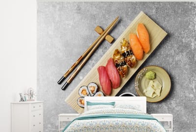Behang - Fotobehang Japanse sushi met stokjes - Breedte 375 cm x hoogte 300 cm