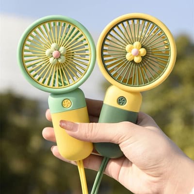 2 Stuks Mini Handventilator – Schattig bloemen Design, Telefoonhouder, USB Oplaadbaar, Lichtgewicht, voor Meisjes, Vrouwen, Reizen, Binnen en Buiten (Geel)
