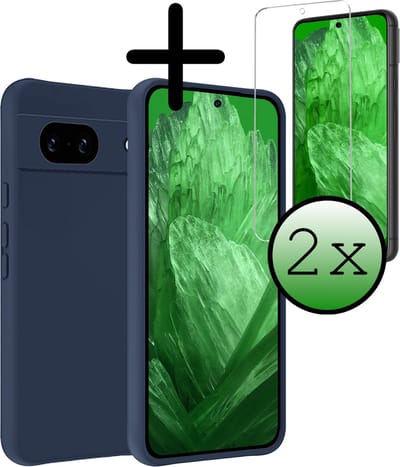 Hoesje Met 2x Screenprotector - Geschikt voor Google Pixel 8a - Sterk & Shockproof - Back Cover - Siliconen Case - Telefoon Hoes - Donkerblauw