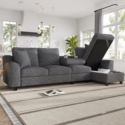 HAUSS SPOLE Hoekbank - L-Vorm Bank Met Chaise Longue - Opbergruimte En Klapbare Rugleuning Met Bekerhouders - Voor Woonkamer - Chenille Grijs