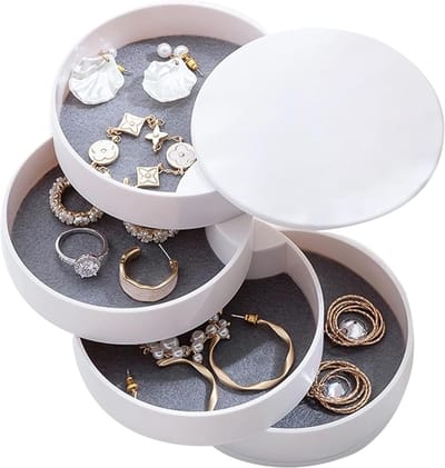 SnelShoppen - Ronde Sieradenbox, 4 Niveaus, Draaibare Sieraden Organizer voor Meisjes, Geschikt voor Ringen, Oorbellen en Kettingen - Wit