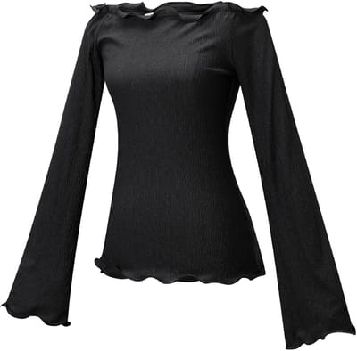 Fijngebreide Top met Golvend Patroon – Elegante Dames Longsleeve met Ronde Hals – Modieuze Getextureerde Stretchtop met Golvende Structuur - Zwart - L