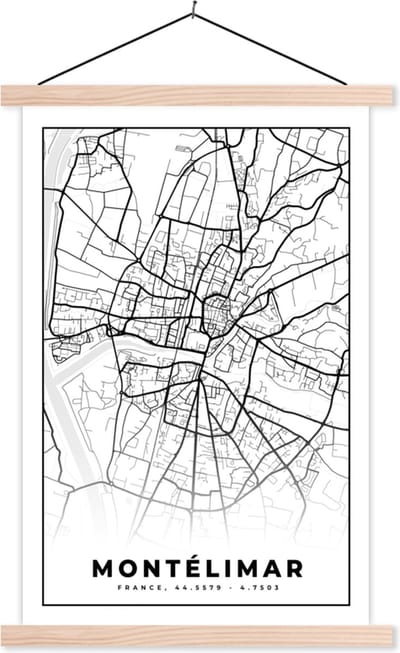 Posterhanger incl. Poster 40x60 cm - Schoolplaat - Frankrijk – Plattegrond – Stadskaart – Montélimar - Kaart - Zwart wit - Textielposter - Blanke latten - Stadskaart