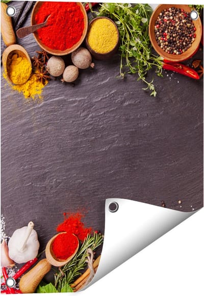 Gards Tuinposter Verschillende Kruiden op een Zwarte Tafel - 40x50 cm - Tuindoek - Tuindecoratie - Wanddecoratie buiten - Tuinschilderij