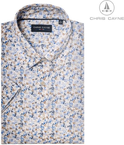 Chris Cayne heren overhemd - blouse heren - 1202 - wit/blauw/beige print - korte mouwen - maat M