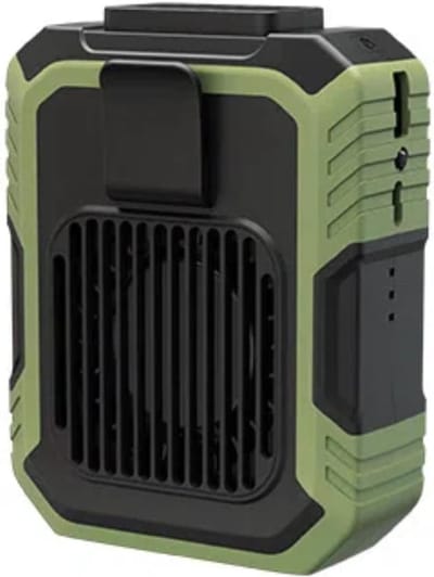 Bandventilator met krachtige luchtstroom, koeling, slagvastheid en verlichtingsfunctie voor gebruik in de bouw, tuin en op de camping. Groen
