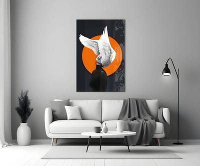 Glasschilderij Abstracte Vrouw met Vleugels - Moderne Kunst - Oranje Zwart Design Wanddecoratie - 90 x 60 cm