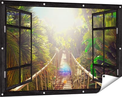 Gards Tuinposter Doorkijk Houten Brug in de Tropische Jungle - 120x80 cm - Tuindoek - Tuindecoratie - Wanddecoratie buiten - Tuinschilderij