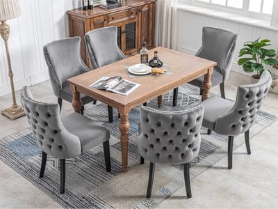 Sweiko Eetkamerstoelen, (6-stoelen) Grijze fluwelen eetkamerstoelen met knoopstiksels, massief houten frame, Grijs (excl. tafel)