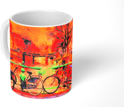 Mok - Koffiemok - Schilderij - Fiets - Amsterdam - Gracht - Olieverf - Mokken - 350 ML - Beker - Koffiemokken - Theemok