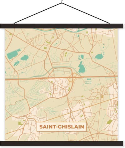 Posterhanger incl. Poster 60x60 cm - Schoolplaat - Stadskaart - Saint-Ghislain - Plattegrond - Kaart - België - Textielposter - Zwarte latten - Stadskaart