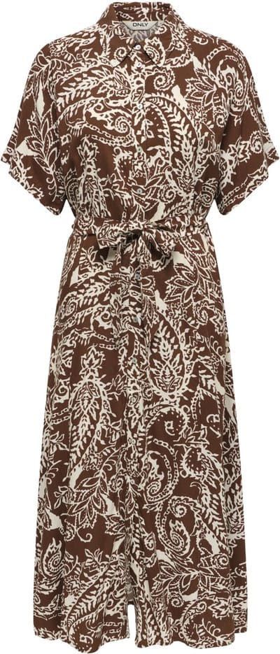 Only bruine dames jurk   Punt kraag   Regular fit   Paisley patroon   Knoopsluiting   Korte mouw Bruin S