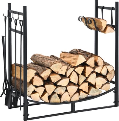 COSTWAY Haardhoutrek met 4-delige set haardbestek, brandhoutrek metaal, haardhoutstandaard, haardaccessoires, brandhoutrek open haard, zwart (76 x 33 x 76 cm)