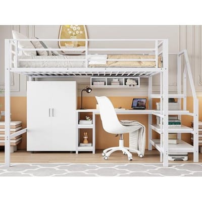 ModernLuxe Hoogslaper van metaal 140x200 cm - met bureau, kledingkast en opbergladder - Wit