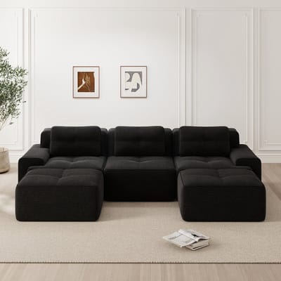 Modulaire driezitsbank van corduroy - U-vormige hoekbank met slaapfunctie en voetenbank - geen montage nodig - corduroy stof - 293 x 177 x 69 cm - combineerbare loungebank voor de woonkamer - zwart