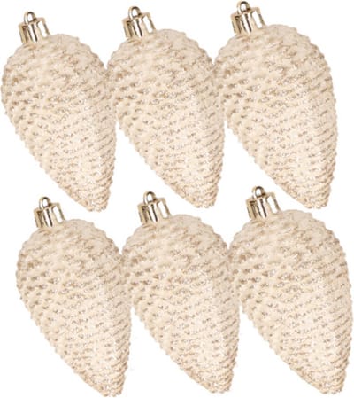Decoris Dennenappels kersthangers - 6x st - creme wit - 8 cm - kunststof - kerstversiering