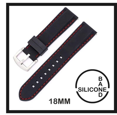 18mm Rubber Siliconen horlogeband zwart met rode stiksels passend op o.a Casio Seiko Citizen en alle andere merken - 18 mm Bandje - Horlogebandje horlogeband