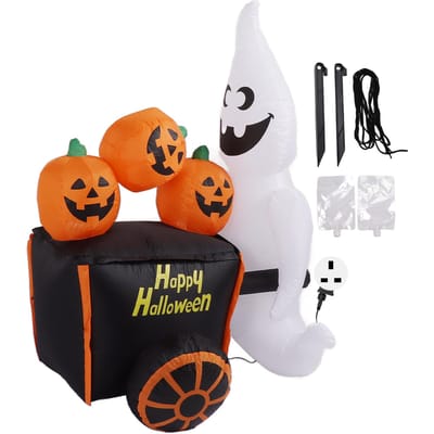 6ft Halloween Opblaasbare Geest Duwt Pompoenkar Decoratie IP44 met Bladblazer LED Verlichting Buiten orange