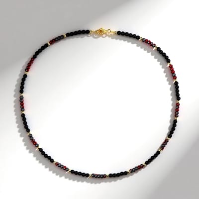Cavill - Zilveren Halsketting 925 Sterling Verguld - Zwarte Onyx 27,50 ct en Hematiet 48,30 ct - Elegante 50 cm Sieraad met Roodgrijs en Goud