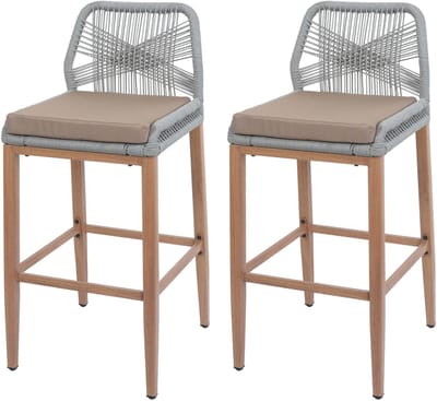 Set van 2 Touw barkrukken MCW-O21, buiten zitkussen touw vlechtwerk metaal hout-look ~ lichtgrijs, kussen taupe