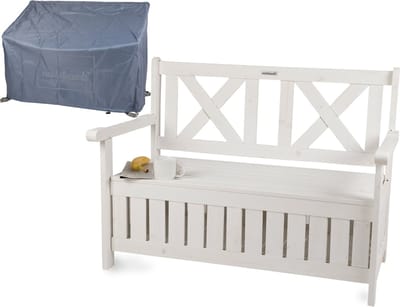 need&wants® tuinbank hout weerbestendig met opbergruimte en deksel, 2-zits borstbank klassieke houten bank, parkbank massief tuin buiten met lade, natuurlijk massief hout, wit