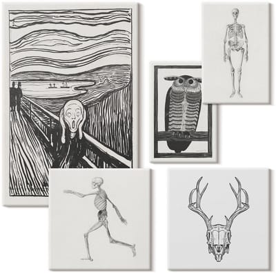 Wallfluent Set van canvas schilderijen - Surrealistische kunst met motieven van natuur en mens Canvas Schilderijen Set - Set van 5 Canvas Schilderijen - Zwart en wit Set van Canvas Prints - Deel Canvas Kunst Set - Boheemse Canvas Kunst Set