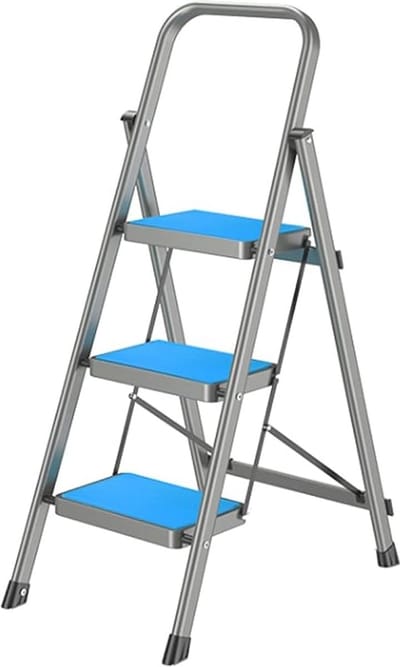 Opvouwbare 3-traps Ladder met Antislip Pedaal en Zilveren Handgreep - Lichtgewicht en Ruimtebesparend