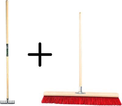 Synx Tools Tuinhark 10 Tanden verzinkt + Nylon Stal Straatbezem 80 cm – Kunststof haren - Bodembewerkers - Onkruidverwijderaar – Schrobborstels – Hark met steel 150 cm – Buitenbezem met steel 150 cm