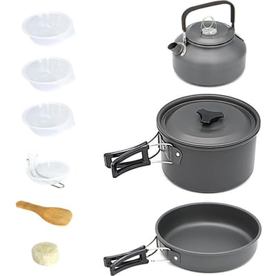 Camping Wandelen Kookgerei Set Outdoor Draagbare Picknick Kookgerei Kit Alumina Pot Koekenpan Set Reizen zwart